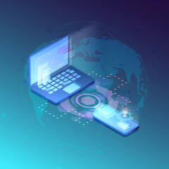 Technology web poster with laptop and smartphone on earth background with  digital technology background
