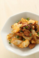 Chinese food, cabbage and chicken stir fried with spicy sauce