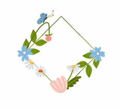 Hand drawn vector abstract graphic illustration with clip art illustration of green ornamental leaves frame with flowers,berries, daisies and butterflies in simple style.Modern magic nature design.