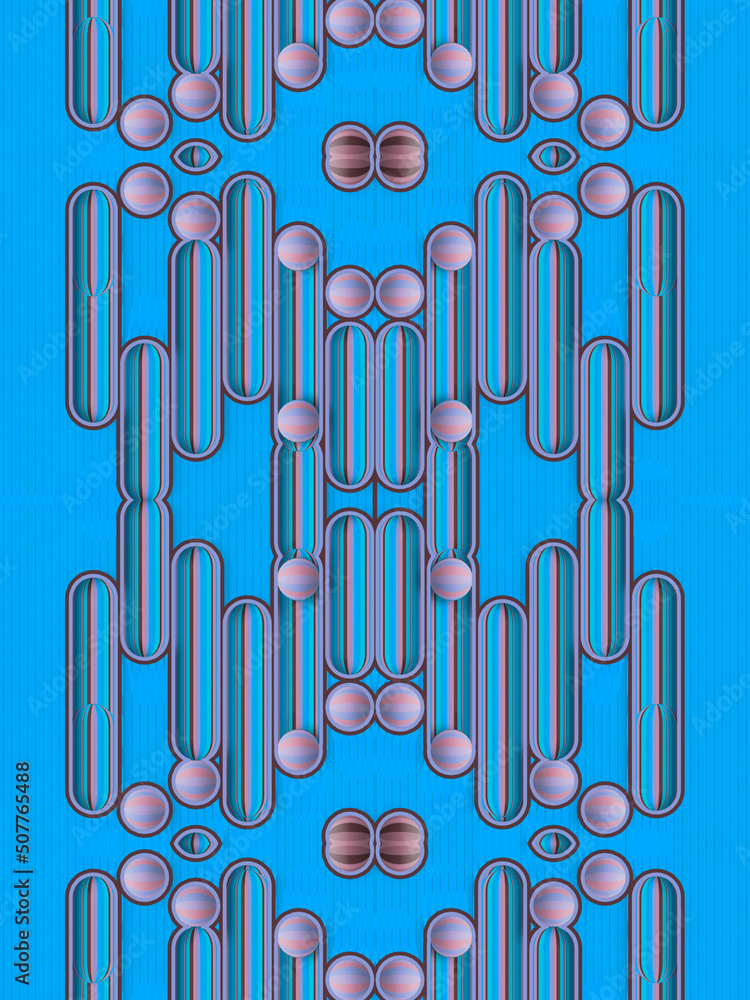 Poster kaleidoscopic pattern of blue colored lines and dots. 3d rendering trendy background. modern digital