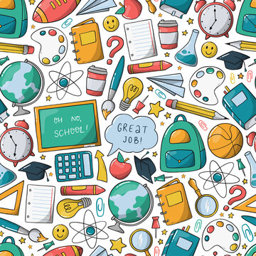 school seamless pattern with hand drawn doodles, cartoon, supplies on white background. Wrapping paper, scrapbooking, stationary, packaging, textile prints, etc. Back to school theme. EPS 10