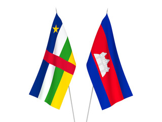 National fabric flags of Kingdom of Cambodia and Central African Republic isolated on white background. 3d rendering illustration.