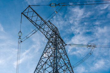 Electricity network from Forsmark's nuclear power plant during sunset with blue skies in the...