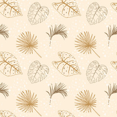 Seamless pattern with outline of tropical leaves on beige pastel background. For digital paper and textiles.