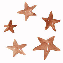 Fototapeta na wymiar Set of watercolor stars. Burnt sienna color. Perfect for holiday decor