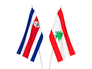 National fabric flags of Lebanon and Republic of Costa Rica isolated on white background. 3d rendering illustration.