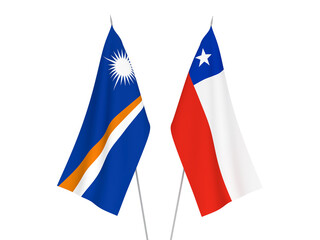 National fabric flags of Chile and Republic of the Marshall Islands isolated on white background. 3d rendering illustration.