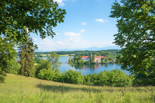 view from lookout point to lake Seeon and cloister, bavarian alps