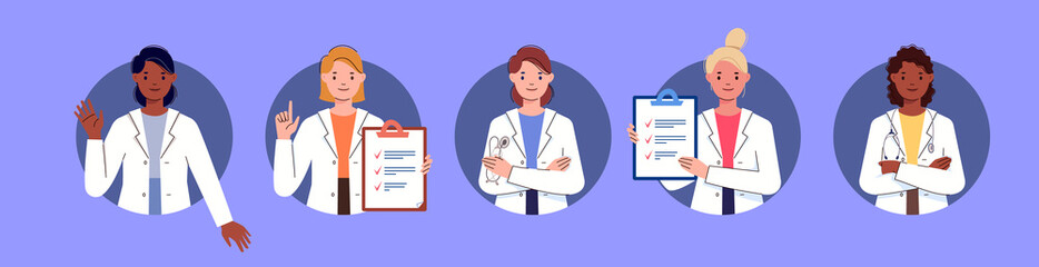 Doctors and nurses avatars. Team of physicians concept, medical office or laboratory. People working in clinic, emergency vector illustration. Flat cartoon style.