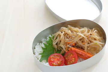 Korean comfort food, homemade japchae and rice packed lunch