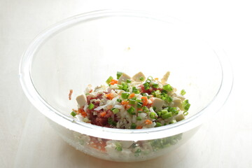 minced tofu mixed with beef and green onion for Chinese patty cooking image