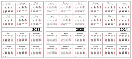 Template of a calendar of white color. Calendar for 2022, 2023 and 2024. Week starts on Sunday. 