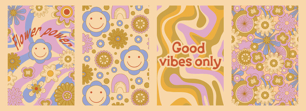 Groovy poster set in cartoon style with slogan and flower daisy. Groovy flower background. Retro 60s 70s psychedelic design. Abstract hippie illustration.