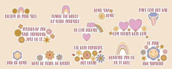 Peel and stick wallpaper Positive Typography Retro groovy inspirational stickers set. Y2k aesthetic hippie. Trend vector illustration. Rainbow, flower and heart graphic. Vector illustration design. Sticker pack. Hippie aesthetic.