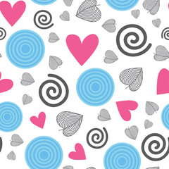 Seamless abstract geometric pattern with heart shape, circles and spiral on white background.