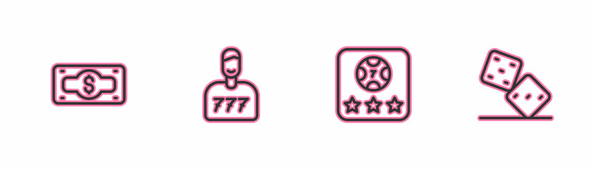 Set line Stacks paper money cash, Online poker table game, Lucky player and Game dice icon. Vector