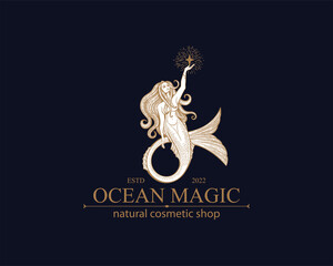 Mermaid logo. Brand template vector illustration. Siren and marine girl with a tail. Vintage Hand drawn vector illustration for logo and poster