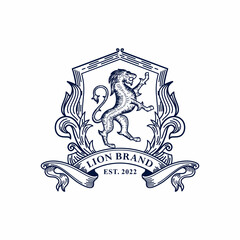 Lion heraldry emblem modern line style with a shield and crown logo design