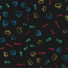 Set line Cruise ship, Inflatable boat with motor, Submarine and Dead fish on seamless pattern. Vector