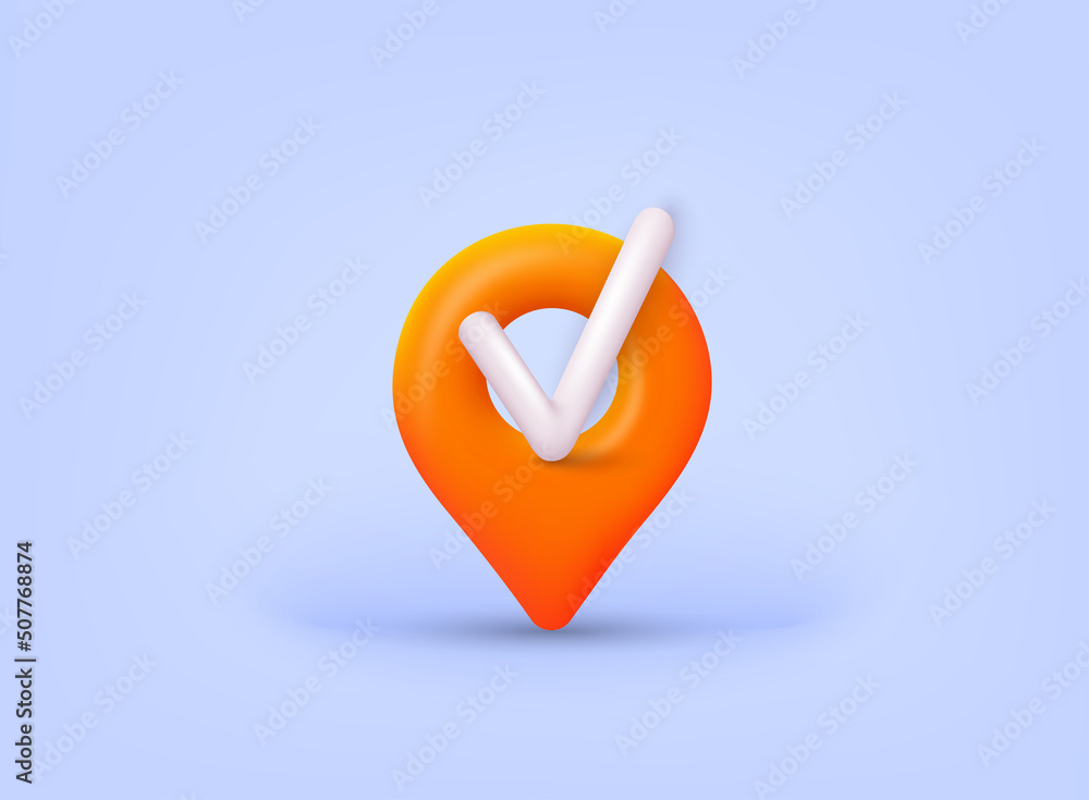 Poster map pointer with check sign. location symbols. 3d web vector illustrations.