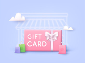 Gift card and promotion strategy, gift voucher, discount coupon and gift certificate concept. 3D Web Vector Illustrations.