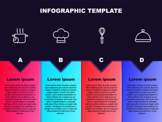 Set line Cooking pot, Chef hat, Kitchen whisk and Covered with tray of food. Business infographic template. Vector