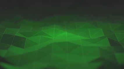 Triangle texture. Geometric background. Art ornament. Defocused green black color gradient polygonal mosaic structure glowing dark modern trend abstract cg design 3d illustration.