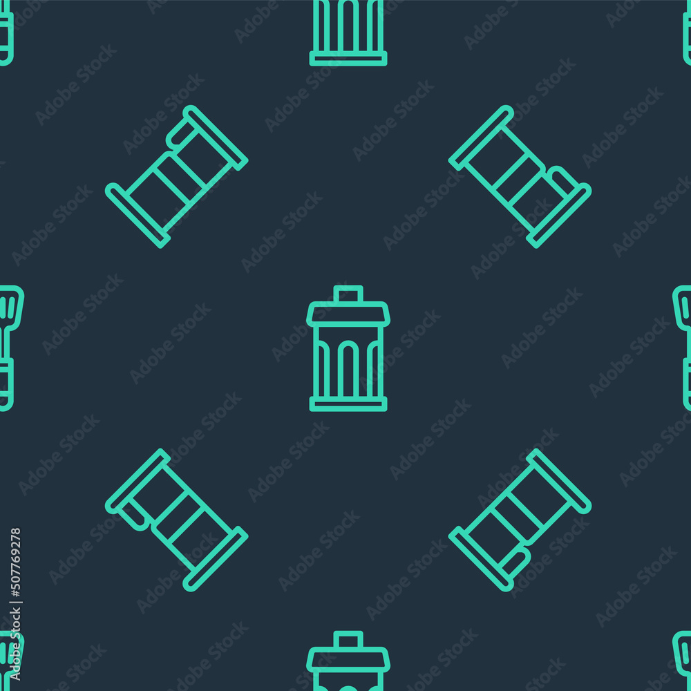 Poster set line trash can, bed and spatula on seamless pattern. vector