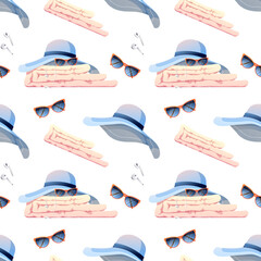 Seamless pattern with beach hat, glasses, towel. Seamless texture, summer, beach ornament. Suitable for textile, paper, wallpaper