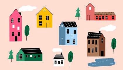 Doodle buildings. Cute small house and garden. Vector flat apartments.