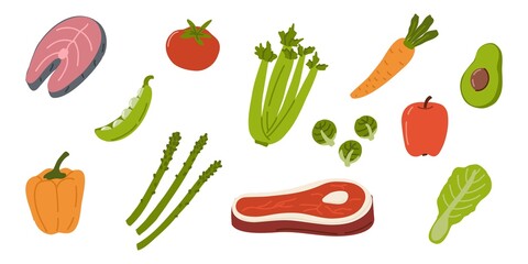 Healthy food. Vegetable flat vegan food. Vector fish meal nutriton diet complex