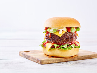 hamburger on a wooden table