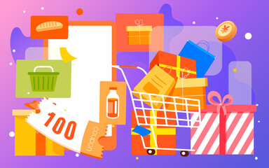 Girl is shopping with a shopping cart with gift boxes and shopping bags in the background, vector illustration