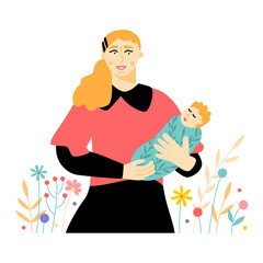 Portrait of young mom holding her newborn on hands. Mother standing with her baby. Vector flat illustration