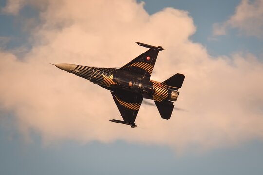 Gdynia, Poland - August 21, 2021: Flight of the F 16 plane at the Aero Baltic Show in Gdynia, Poland.