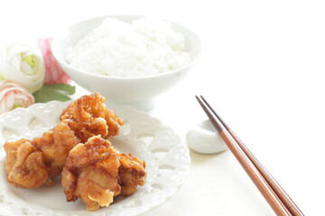 Homemade fried chicken and rice  for asian comfort food image