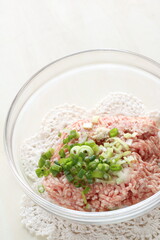minced pork and scallion with seasoning salt for Chinese dumpling Wonton cooking ingredient