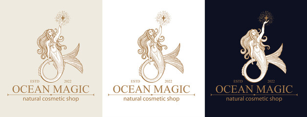Mermaid logo. Brand template vector illustration. Siren and marine girl with a tail. Vintage Hand drawn vector illustration for logo and poster - obrazy, fototapety, plakaty