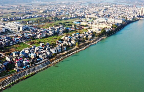 Guangxi map of rongan: Green river and buildings