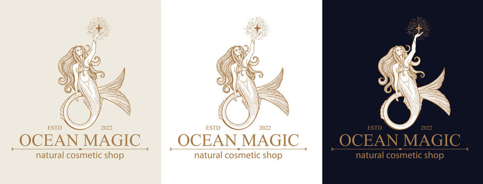 Mermaid Logo. Brand Template Vector Illustration. Siren And Marine Girl With A Tail. Vintage Hand Drawn Vector Illustration For Logo And Poster