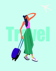 Vector illustration of flat people.Travel tourist standing with luggage watching the plane. Summer, holidays, and weekends.