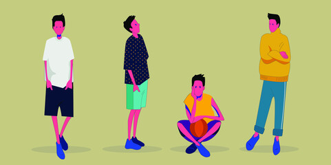 the man in casual clothes. The guy is view from the front, from the side. Vector illustration in cartoon style. Boy with baskedball, looking up, and sitting on the floor.