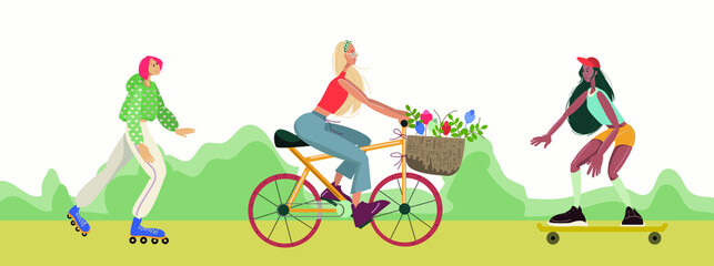 Obraz premium People cycling, exercising and relaxing at park . The girl rides a bike, skateboard and rollerblades. Rest in the park, a basket of flowers. People are dressed in casual clothes, sportswear.