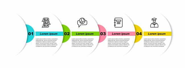 Set line Speech bubble chat, Learning foreign languages, Notebook and Graduate and graduation cap. Business infographic template. Vector