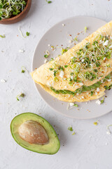Nice breakfast with avocado. Omelet with microgreens. Gray background with breakfast.
