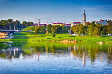 Belarus Travel Destinations. Cityscape of Mogilev City At Daytime Across the Dubrovenka River With...