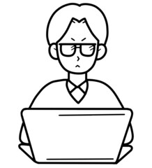 仕事に集中する男性のイラスト素材　線画のみ