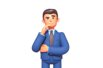 3d render of businessman in suit thinking, unsure, doubtful