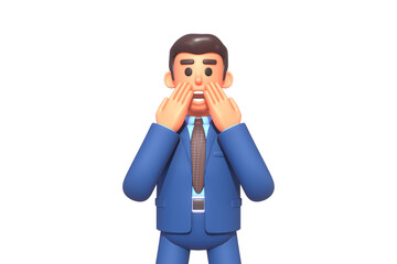3d render of surprised or shocked businessman in suit covering his mouth with hands in fear or disbelief