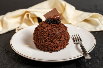 Special design chocolate cake. Chocolate covered cake on a dark background. close up